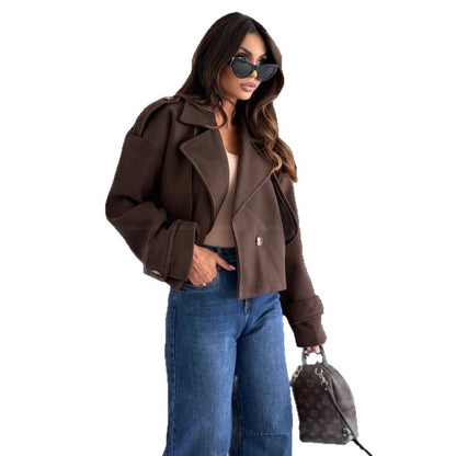 Solid Cropped Jacket with Lapel Collar and Double-Breasted Buttons