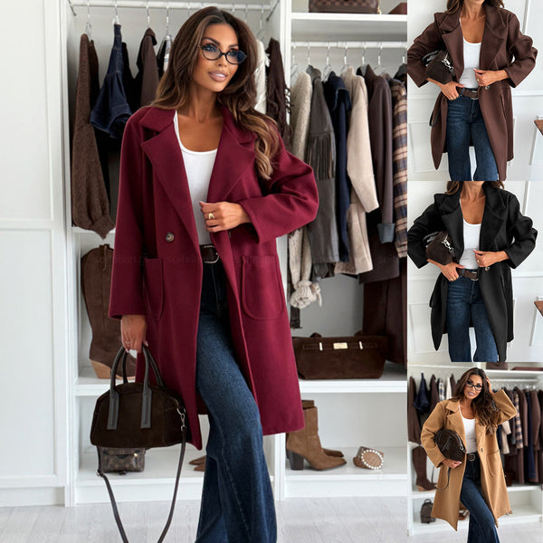 Solid Mid-Length Coat with Notched Lapel and Patch Pockets