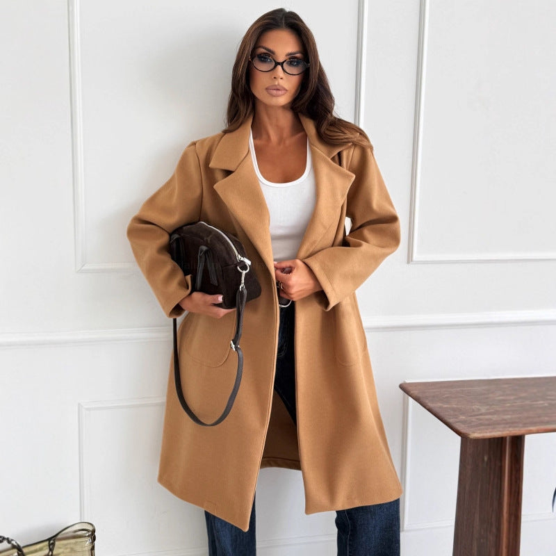 Solid Mid-Length Coat with Notched Lapel and Patch Pockets