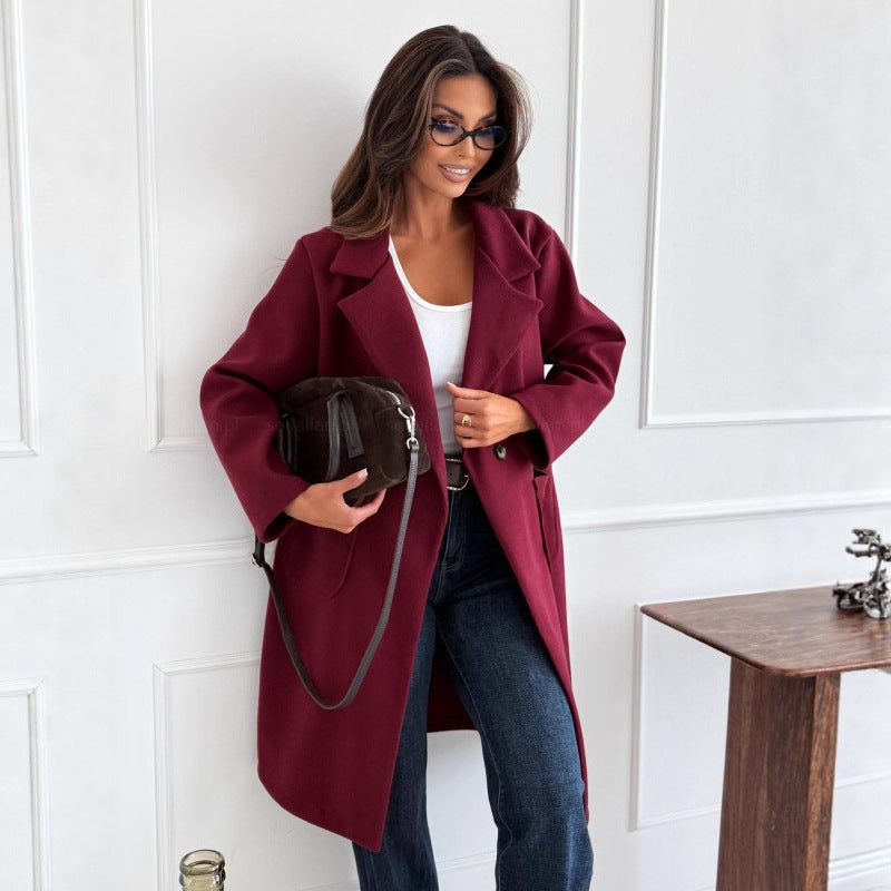 Solid Mid-Length Coat with Notched Lapel and Patch Pockets