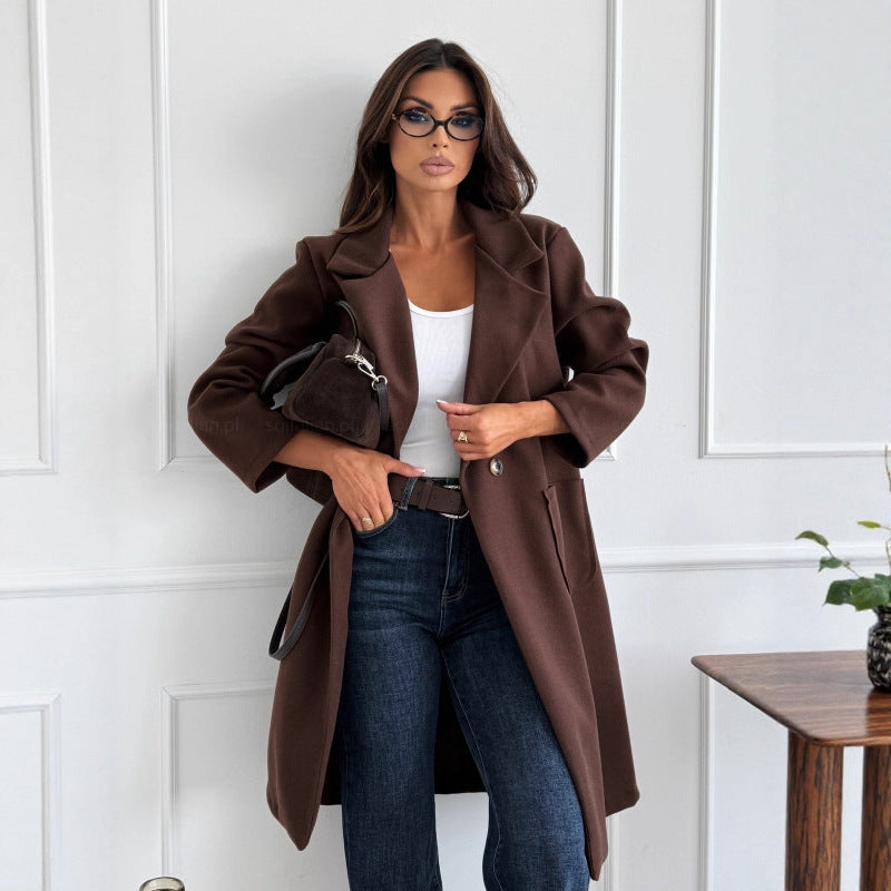 Solid Mid-Length Coat with Notched Lapel and Patch Pockets