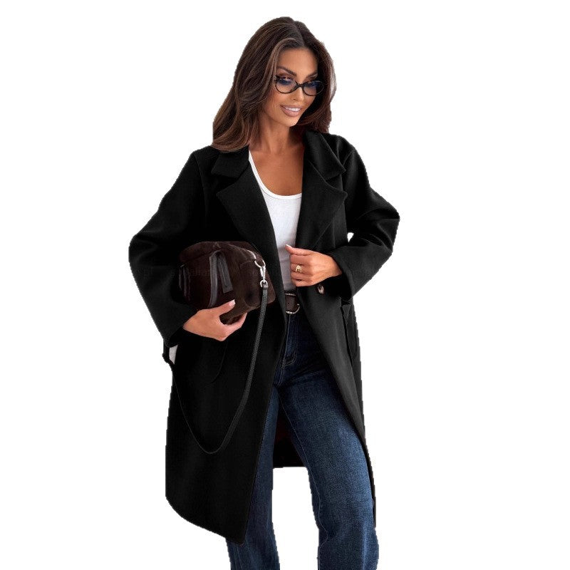 Solid Mid-Length Coat with Notched Lapel and Patch Pockets
