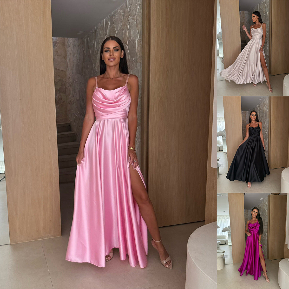 Sleeveless Satin Maxi Dress with Cowl Neck and Thigh Slit