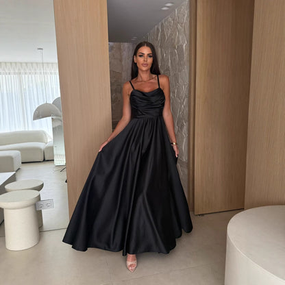 Sleeveless Satin Maxi Dress with Cowl Neck and Thigh Slit