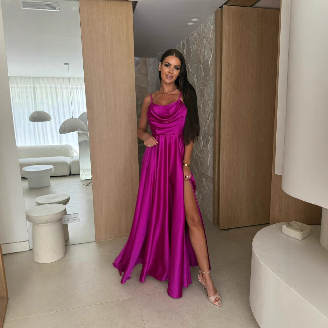 Sleeveless Satin Maxi Dress with Cowl Neck and Thigh Slit
