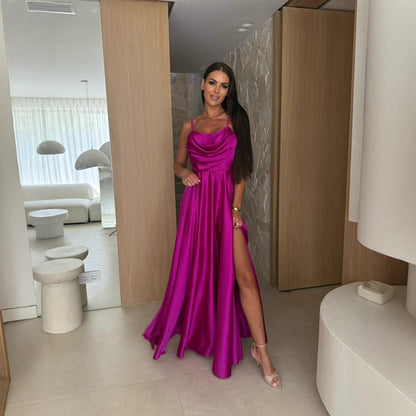 Sleeveless Satin Maxi Dress with Cowl Neck and Thigh Slit