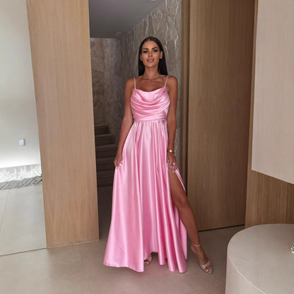 Sleeveless Satin Maxi Dress with Cowl Neck and Thigh Slit