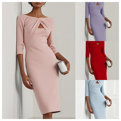 Sheath Midi Dress with Boat Neck and Twist-Front Cutout