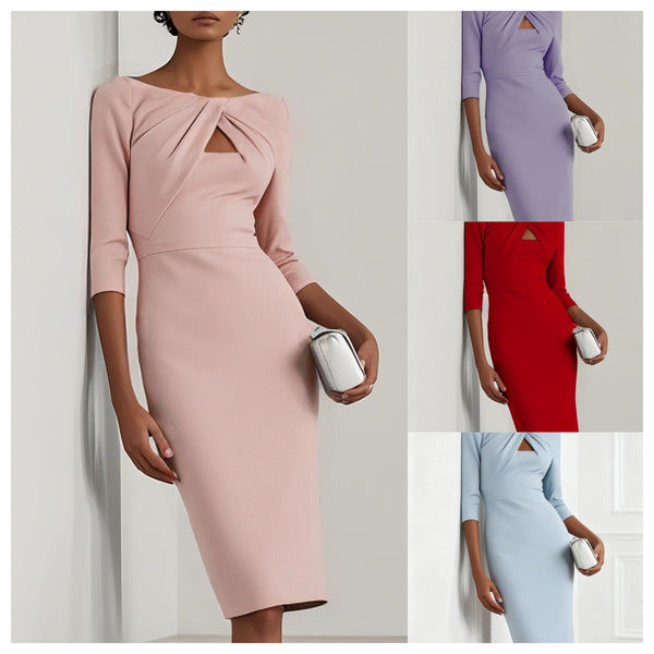 Sheath Midi Dress with Boat Neck and Twist-Front Cutout
