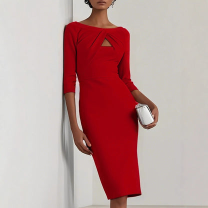 Sheath Midi Dress with Boat Neck and Twist-Front Cutout