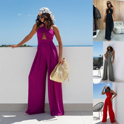 Wide-Leg Jumpsuit with Halter Neck and Waist Cut-Out