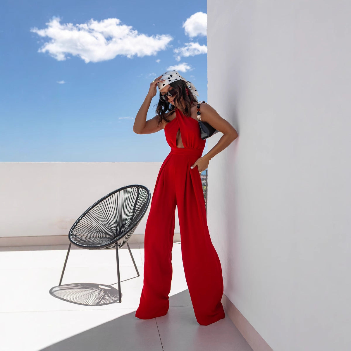 Wide-Leg Jumpsuit with Halter Neck and Waist Cut-Out