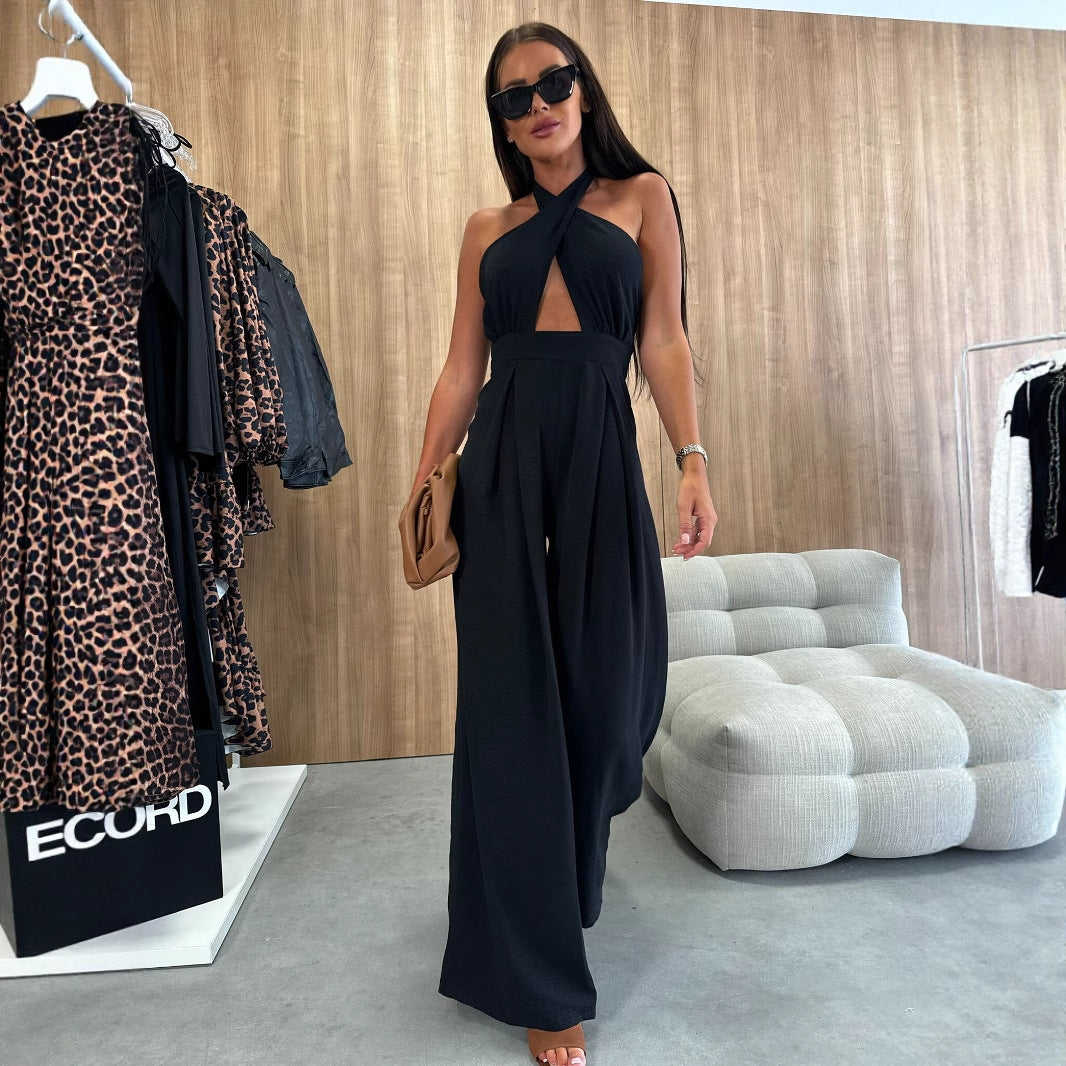 Wide-Leg Jumpsuit with Halter Neck and Waist Cut-Out