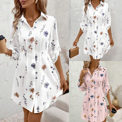Floral Print Mini Shirt Dress with Lapel Collar & Roll-Tab Sleeves