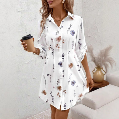 Floral Print Mini Shirt Dress with Lapel Collar & Roll-Tab Sleeves