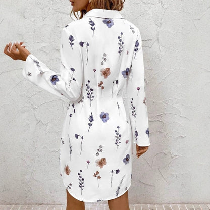 Floral Print Mini Shirt Dress with Lapel Collar & Roll-Tab Sleeves