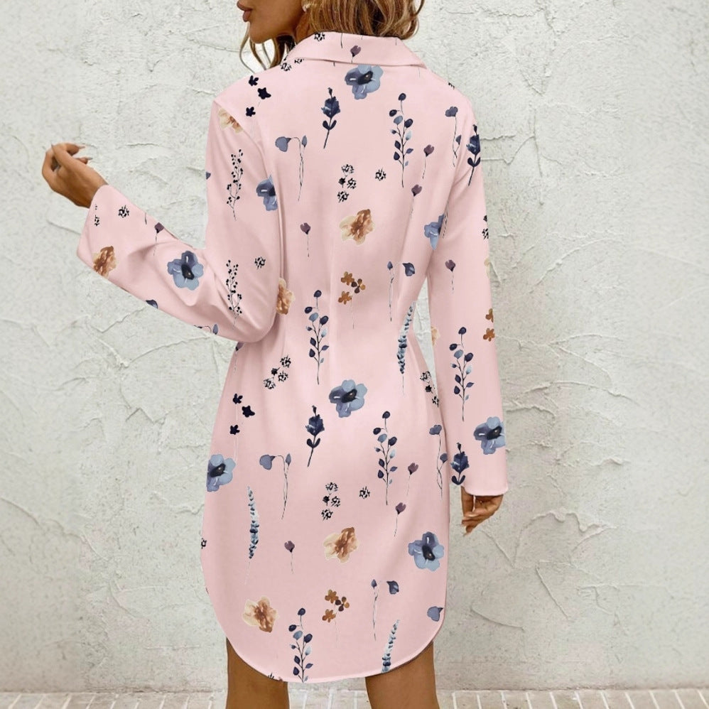 Floral Print Mini Shirt Dress with Lapel Collar & Roll-Tab Sleeves