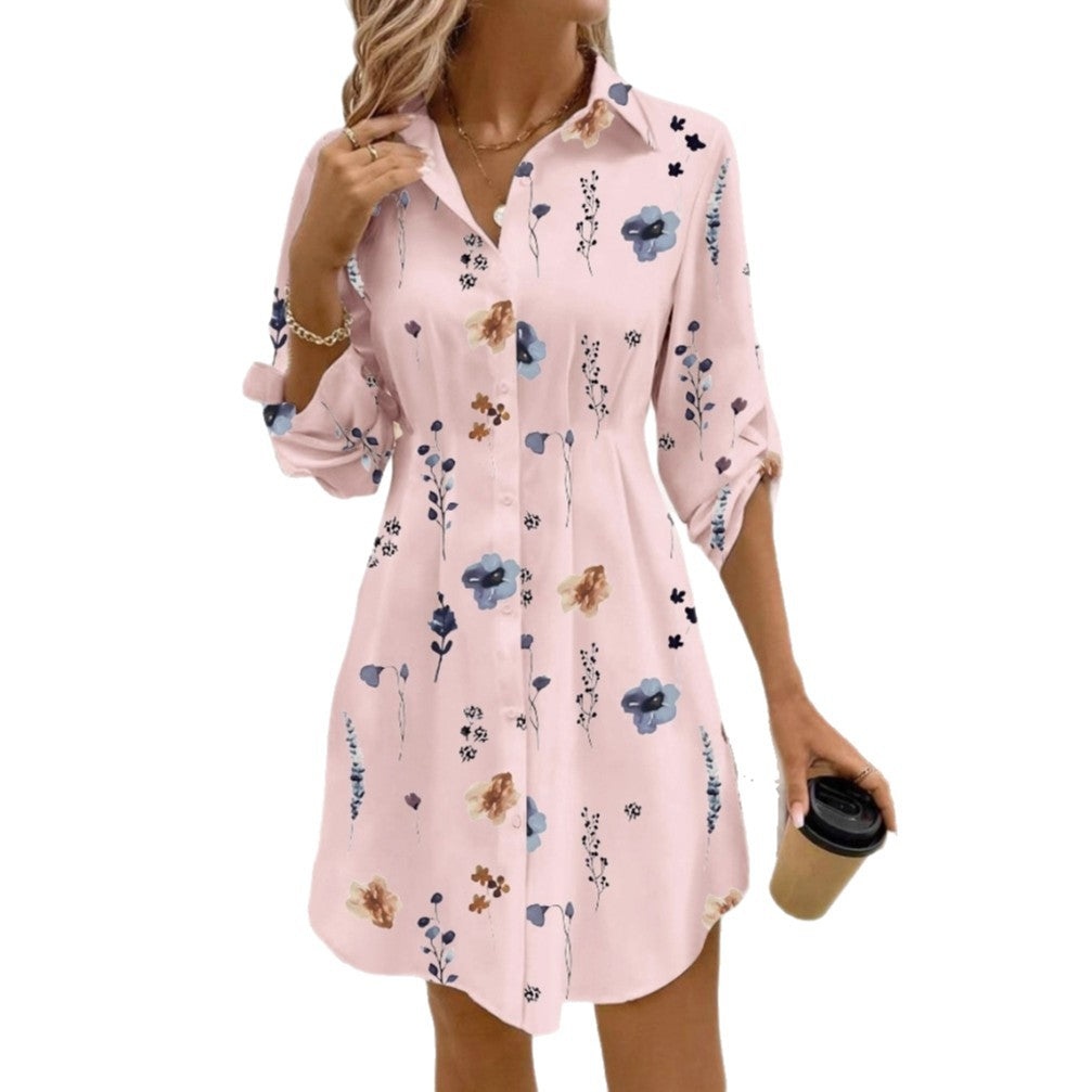 Floral Print Mini Shirt Dress with Lapel Collar & Roll-Tab Sleeves
