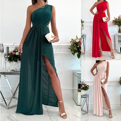 Draped One-Shoulder Maxi Dress with Cut-Out and Slit