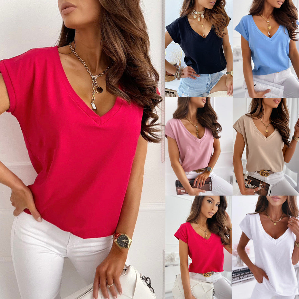Loose Solid V-Neck T-Shirt with Rolled Sleeves