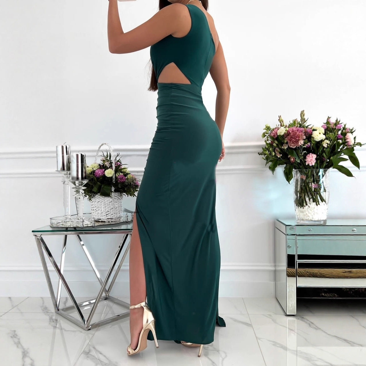 Draped One-Shoulder Maxi Dress with Cut-Out and Slit