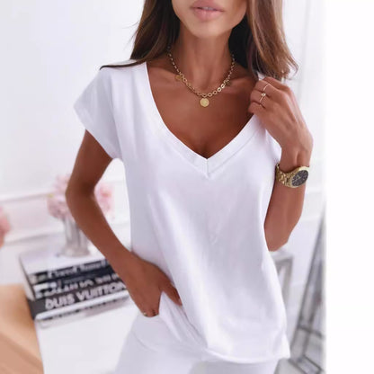Loose Solid V-Neck T-Shirt with Rolled Sleeves
