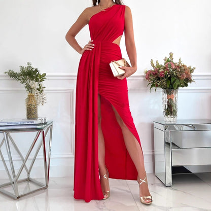 Draped One-Shoulder Maxi Dress with Cut-Out and Slit