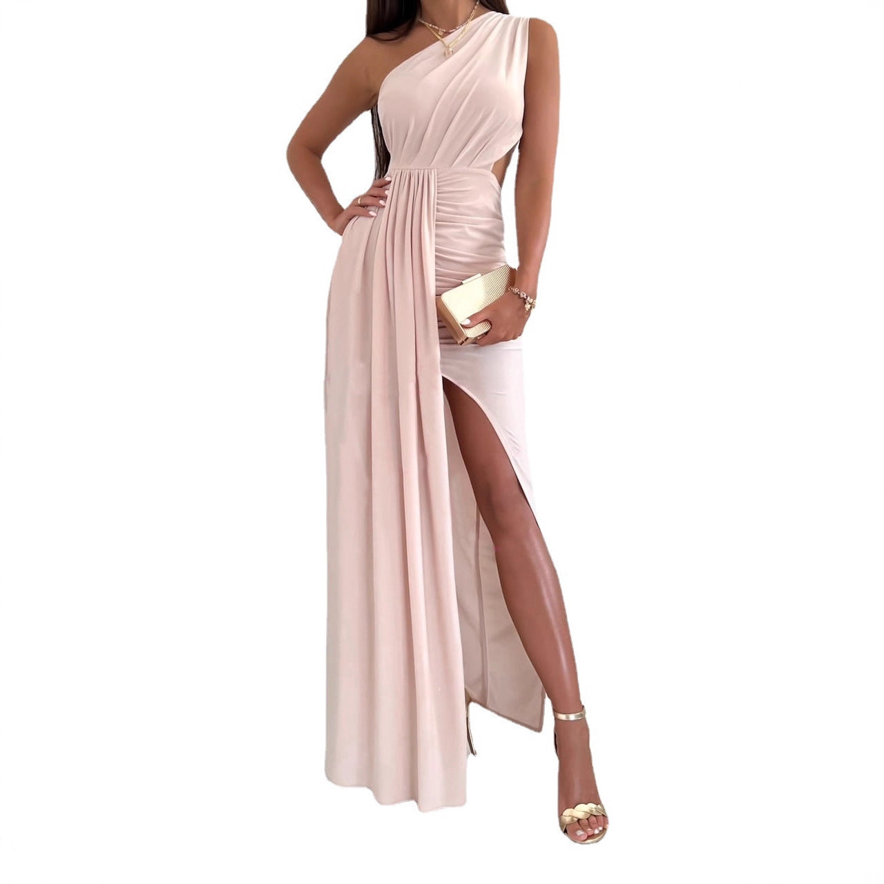 Draped One-Shoulder Maxi Dress with Cut-Out and Slit