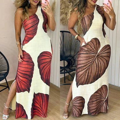 Tropical Leaf Print Maxi Dress with One-Shoulder