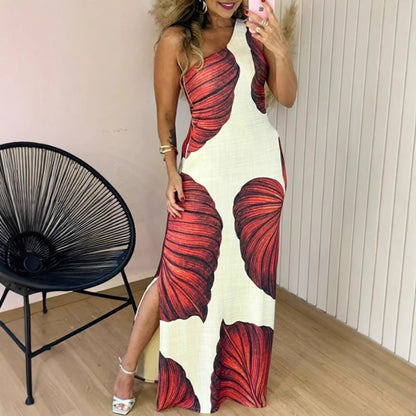 Tropical Leaf Print Maxi Dress with One-Shoulder