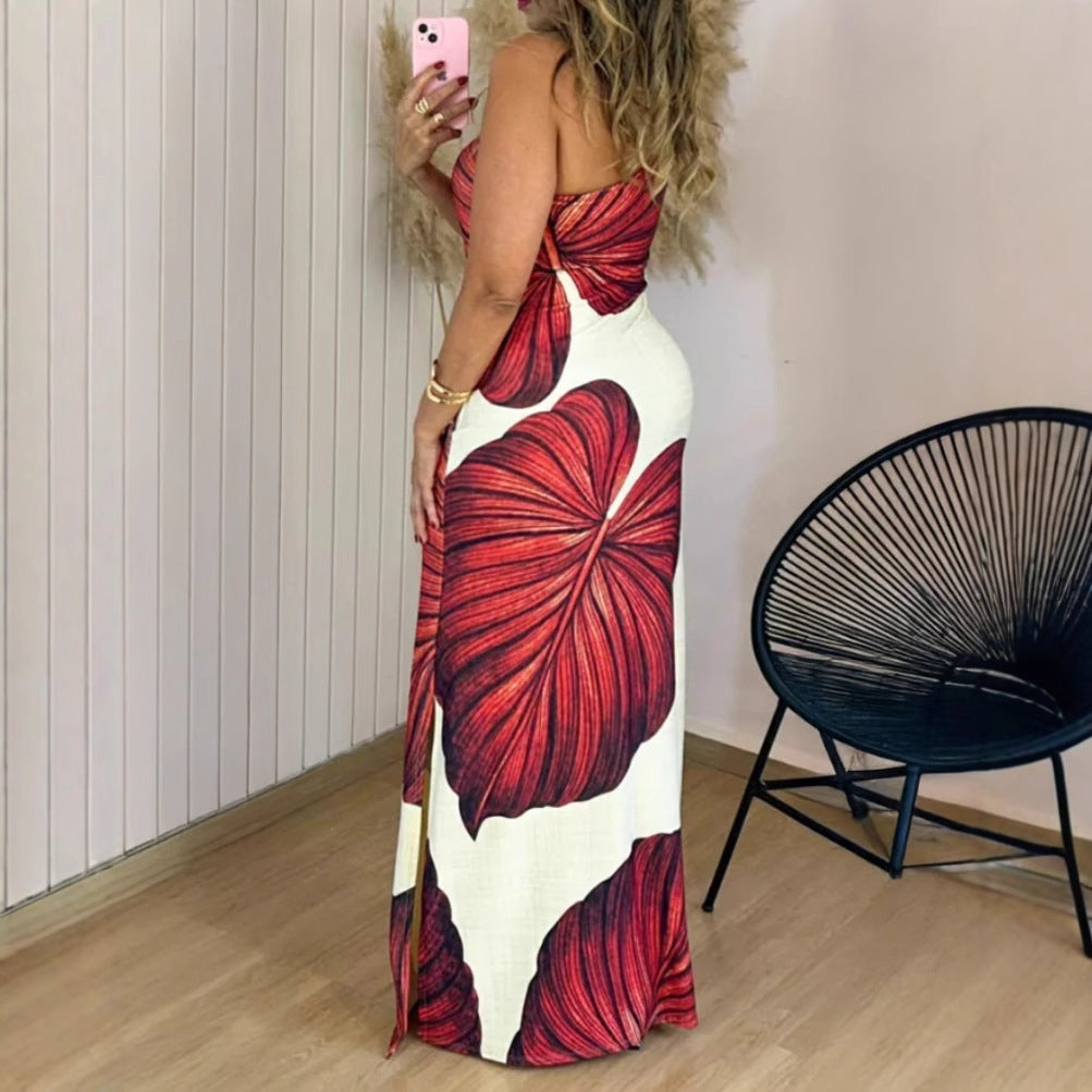 Tropical Leaf Print Maxi Dress with One-Shoulder