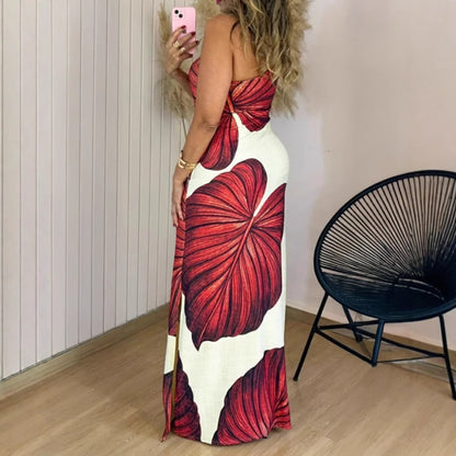 Tropical Leaf Print Maxi Dress with One-Shoulder