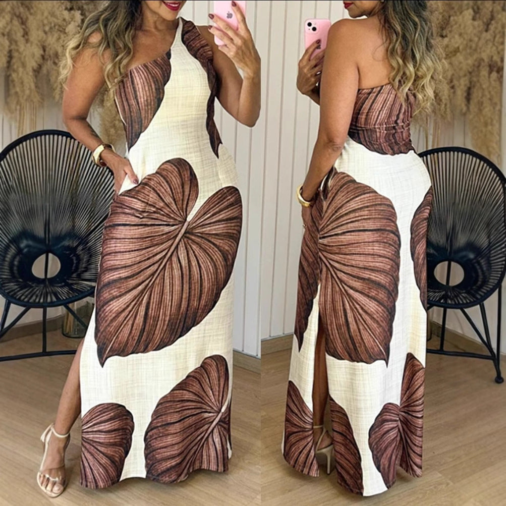Tropical Leaf Print Maxi Dress with One-Shoulder