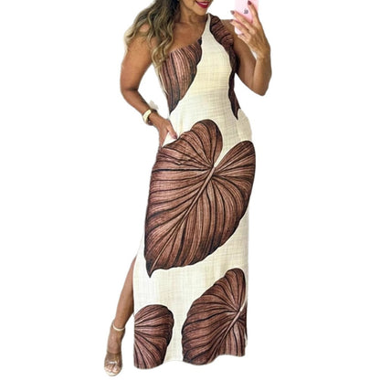 Tropical Leaf Print Maxi Dress with One-Shoulder