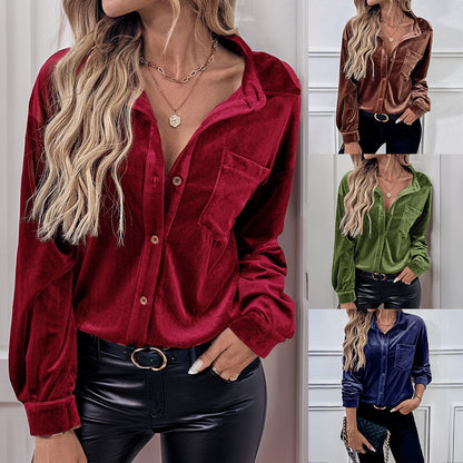 Solid Velvet Button-Down Shirt with Lantern Sleeves