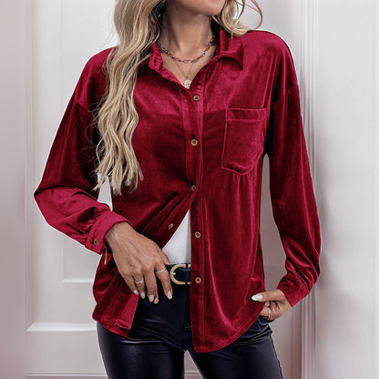 Solid Velvet Button-Down Shirt with Lantern Sleeves