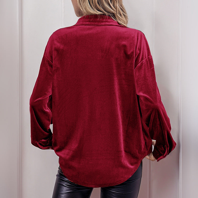 Solid Velvet Button-Down Shirt with Lantern Sleeves