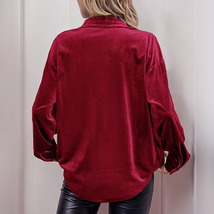 Solid Velvet Button-Down Shirt with Lantern Sleeves