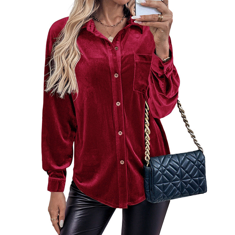 Solid Velvet Button-Down Shirt with Lantern Sleeves