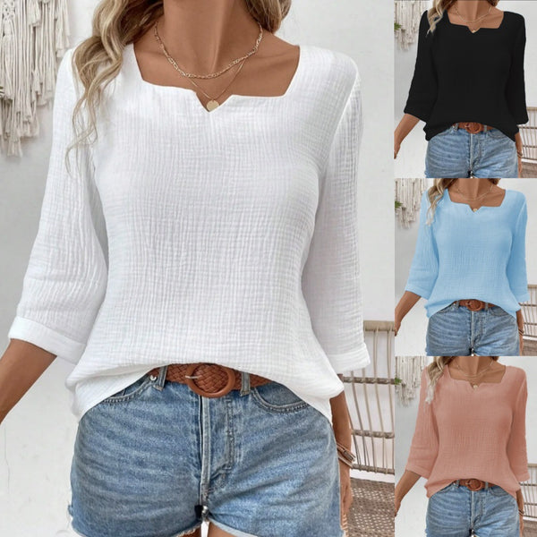 Solid Color Crinkle Top with Notched V-Neck and 3/4 Sleeves