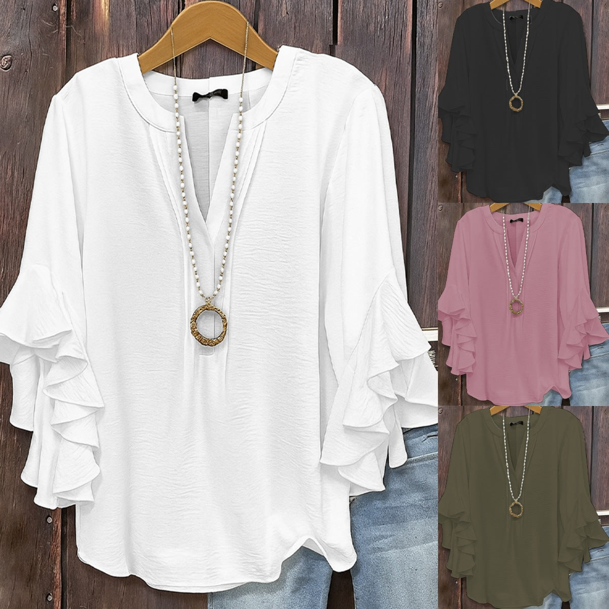 Solid V-Neck Top with Three-Quarter Tiered Ruffle Sleeves