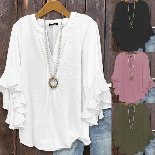 Solid V-Neck Top with Three-Quarter Tiered Ruffle Sleeves