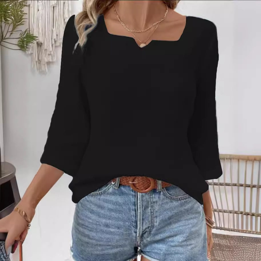 Solid Color Crinkle Top with Notched V-Neck and 3/4 Sleeves