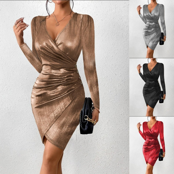 Shimmer Bodycon Dress with V-Neck and Ruched Wrap Front