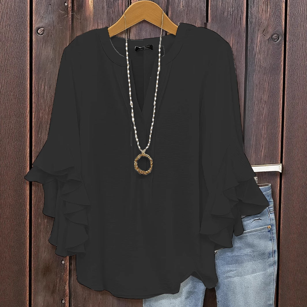 Solid V-Neck Top with Three-Quarter Tiered Ruffle Sleeves