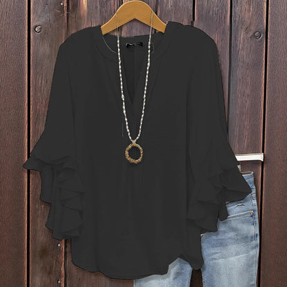 Solid V-Neck Top with Three-Quarter Tiered Ruffle Sleeves