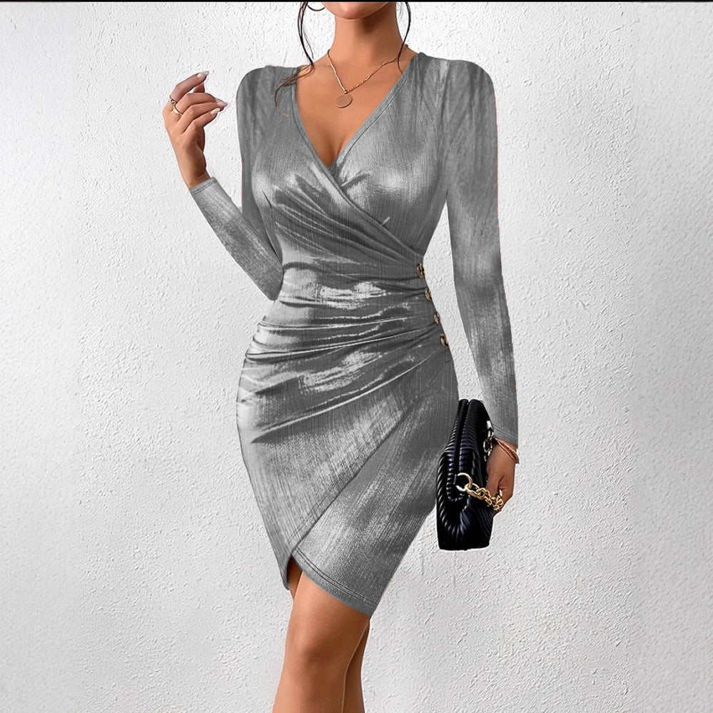 Shimmer Bodycon Dress with V-Neck and Ruched Wrap Front