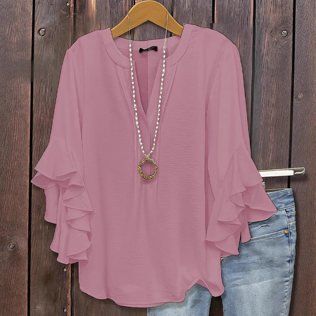 Solid V-Neck Top with Three-Quarter Tiered Ruffle Sleeves