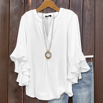 Solid V-Neck Top with Three-Quarter Tiered Ruffle Sleeves