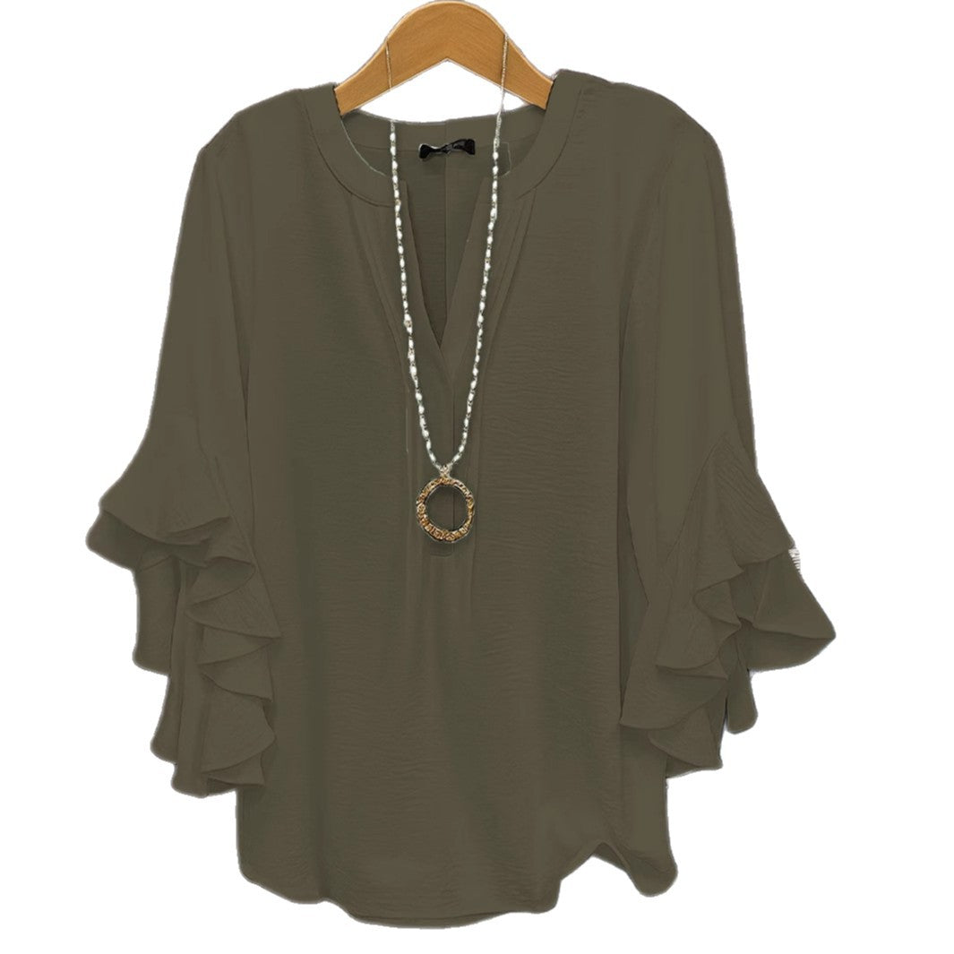 Solid V-Neck Top with Three-Quarter Tiered Ruffle Sleeves